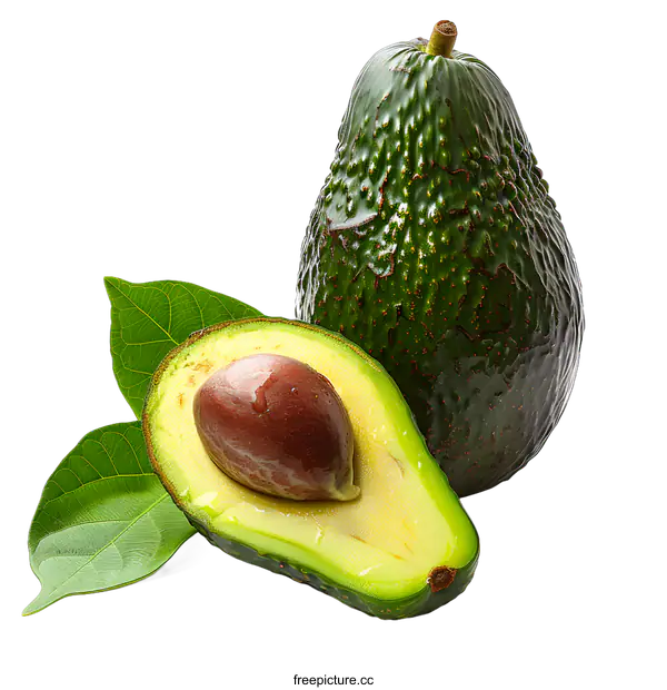 [Transparent Background PNG]A green avocado and a half avocado with brown seed on a white background