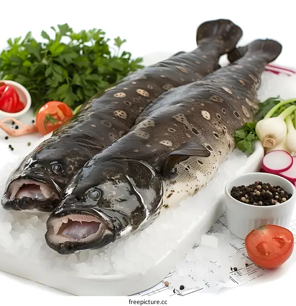 Two fish on ice with vegetables