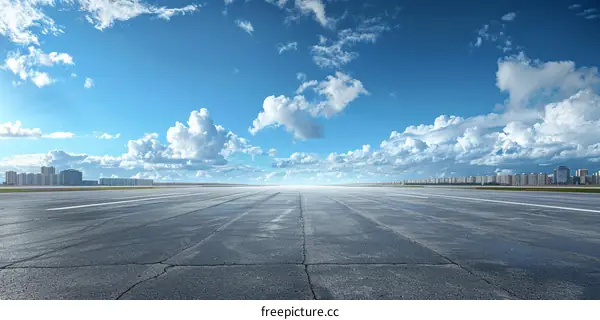 Airport Runway Under Clear Blue Skies and White Clouds