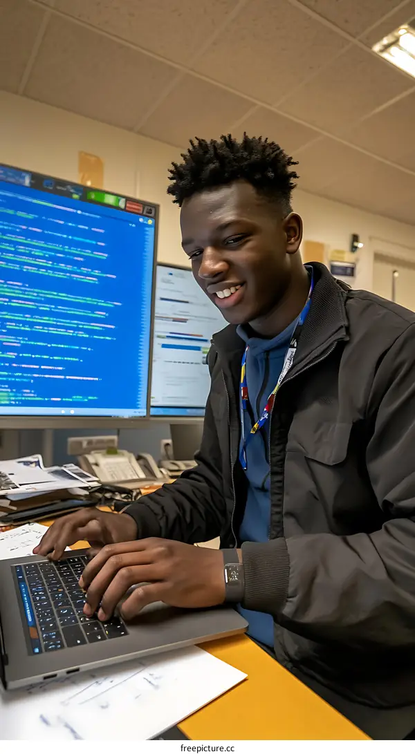 African American Male Programmer Working on Laptop with Code on Screen