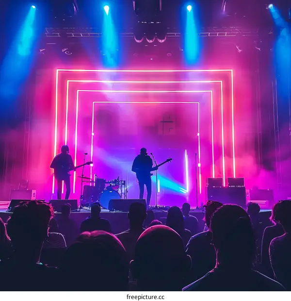 Musicians perform on a stage with colorful lighting