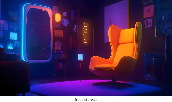 Futuristic Room with Neon Lights and a Comfortable Chair