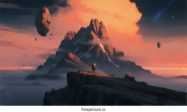 A lone figure stands on a rocky cliff with floating mountains at sunset