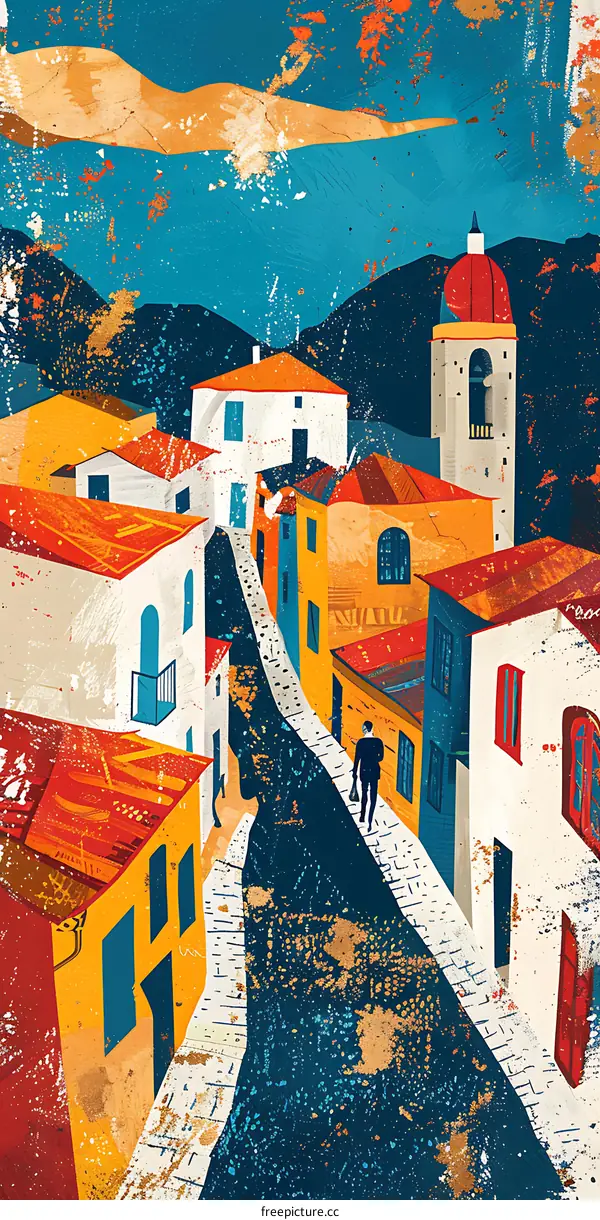 Colorful Illustration of a Town with Buildings and People