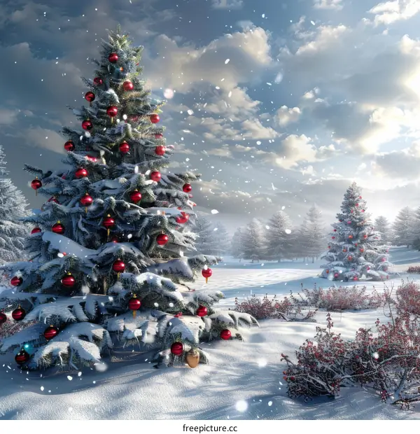 Snowy Christmas Scene with Decorated Xmas Trees