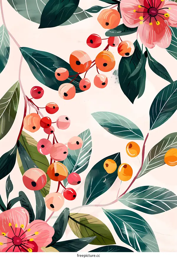 Floral Pattern With Pink Flowers And Green Leaves