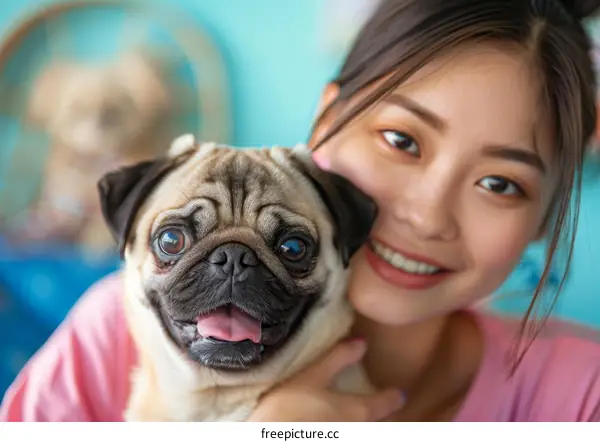 pug smiling with tongue out next to woman