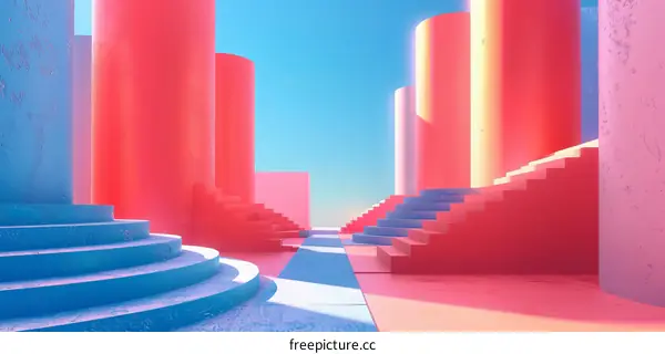 Pink and Blue Pastel Surreal Minimal Abstract 3D Landscape with Stairs