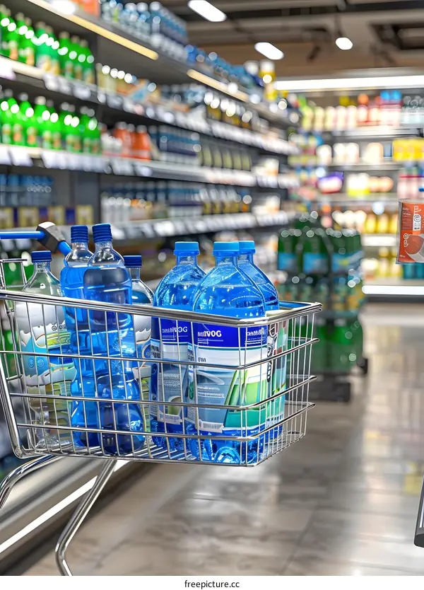 Shopping Cart Filled with Blue Bottles of Water in Supermarket Aisle