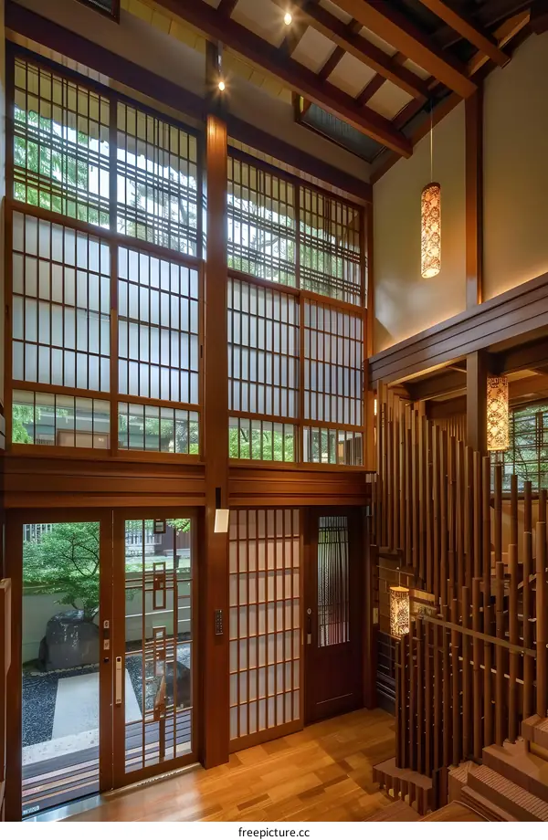 Modern Japanese Home Interior Design with Wooden Lattice Windows and Doors