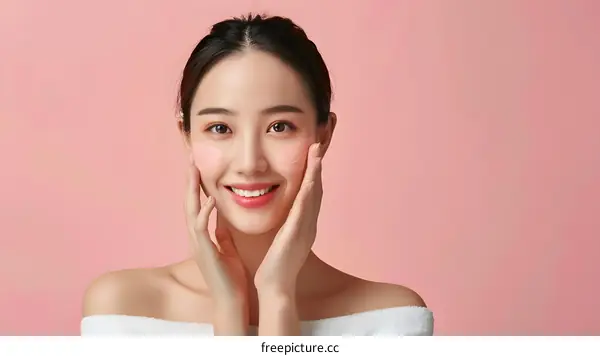 Smiling Asian Woman Applying Face Mask On Pink Background