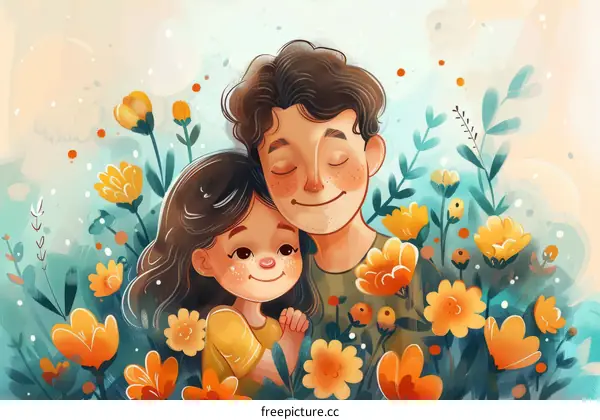 Father and daughter hugging in a field of flowers