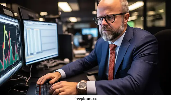 A male stock trader wearing a suit and glasses is looking at multiple computer monitors displaying stock market data.