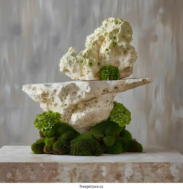 Abstract Stone and Moss Sculpture on a Beige Background