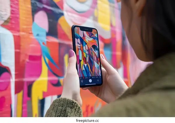 Woman Taking Photo of Colorful Graffiti Art on a Wall