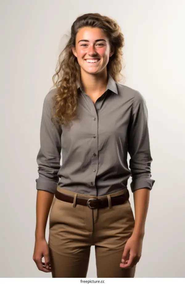Portrait of a young woman in a gray blouse and brown pants