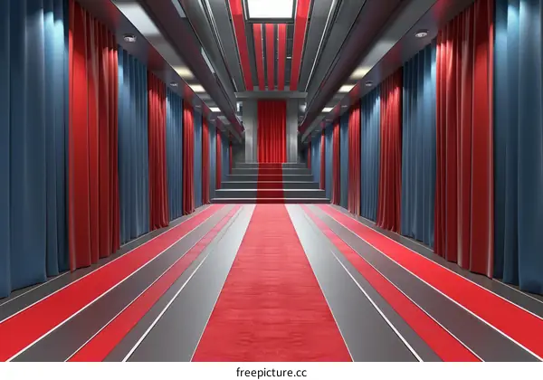 Hallway with Red Carpet and Curtains