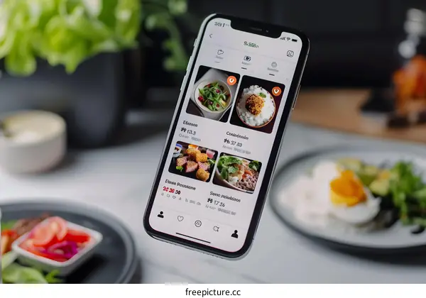 Food Delivery App on Smartphone Screen with Food on Table