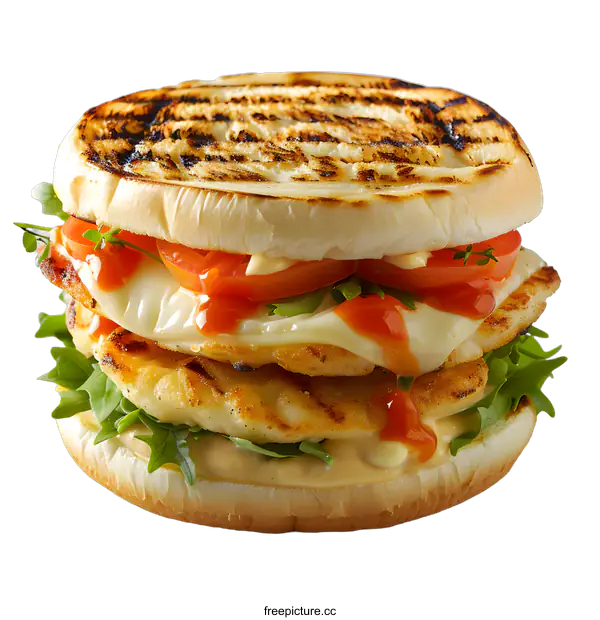 [Transparent Background PNG]Grilled Chicken Burger with Cheese and Vegetables
