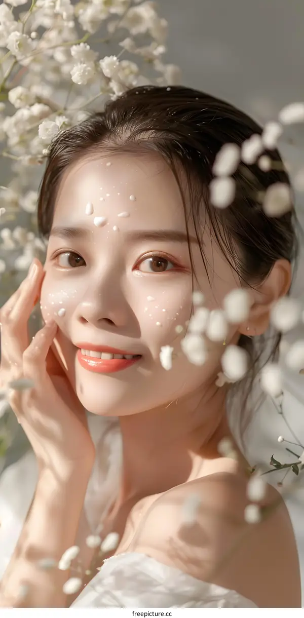 Closeup Portrait of a Young Asian Woman with Flowers