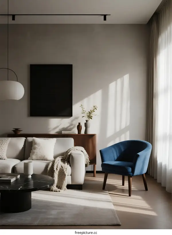 Modern living room with neutral tones and blue armchair