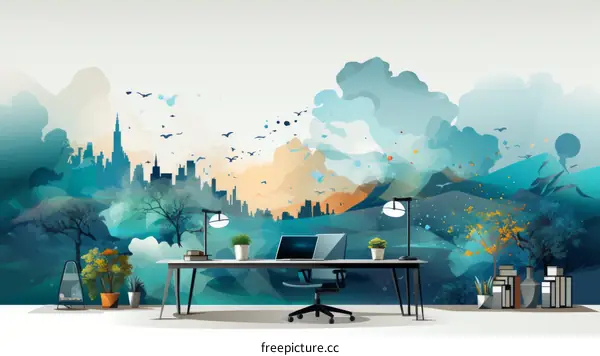 Art Landscape Home Office Desk Workspace Illustration