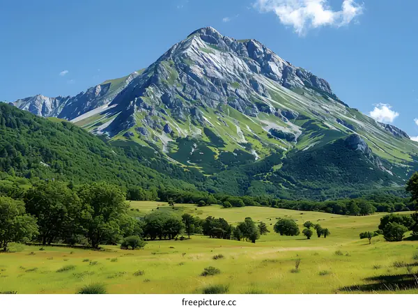Mountain Range in Green Meadow Landscape
