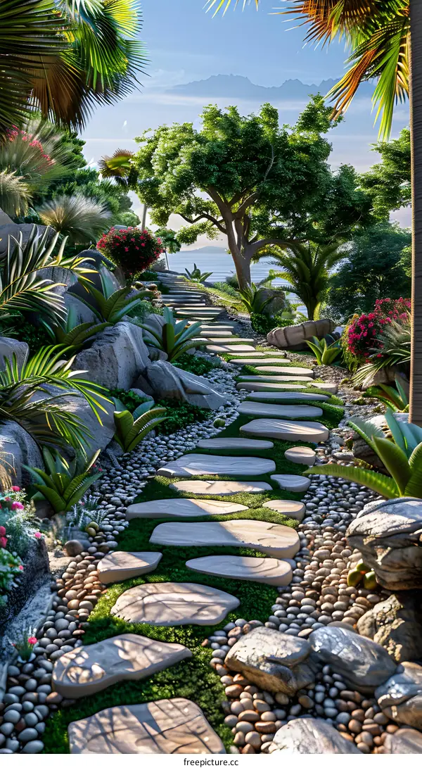 Stone slab path in tropical rainforest