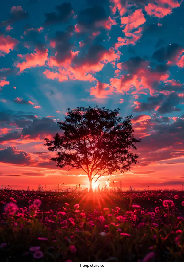 The setting sun shines through a tree in a field of flowers.