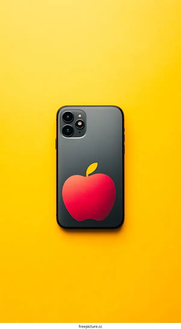 Black Smartphone with Red Apple Sticker on Yellow Background