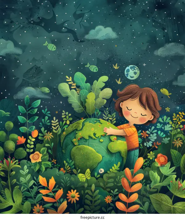 girl hugging the earth with plants and animals around her