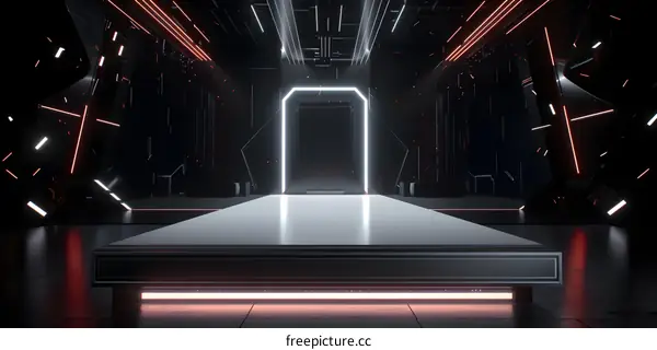 Abstract Futuristic Sci Fi Stage Design With Glowing Neon Lights And Geometric Shapes