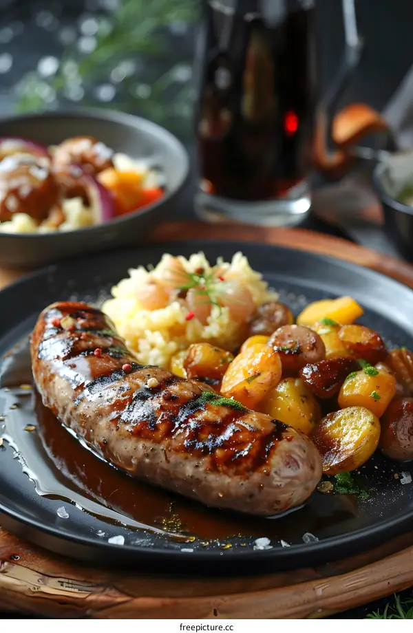 grilled sausage with mashed potatoes and caramelized onions