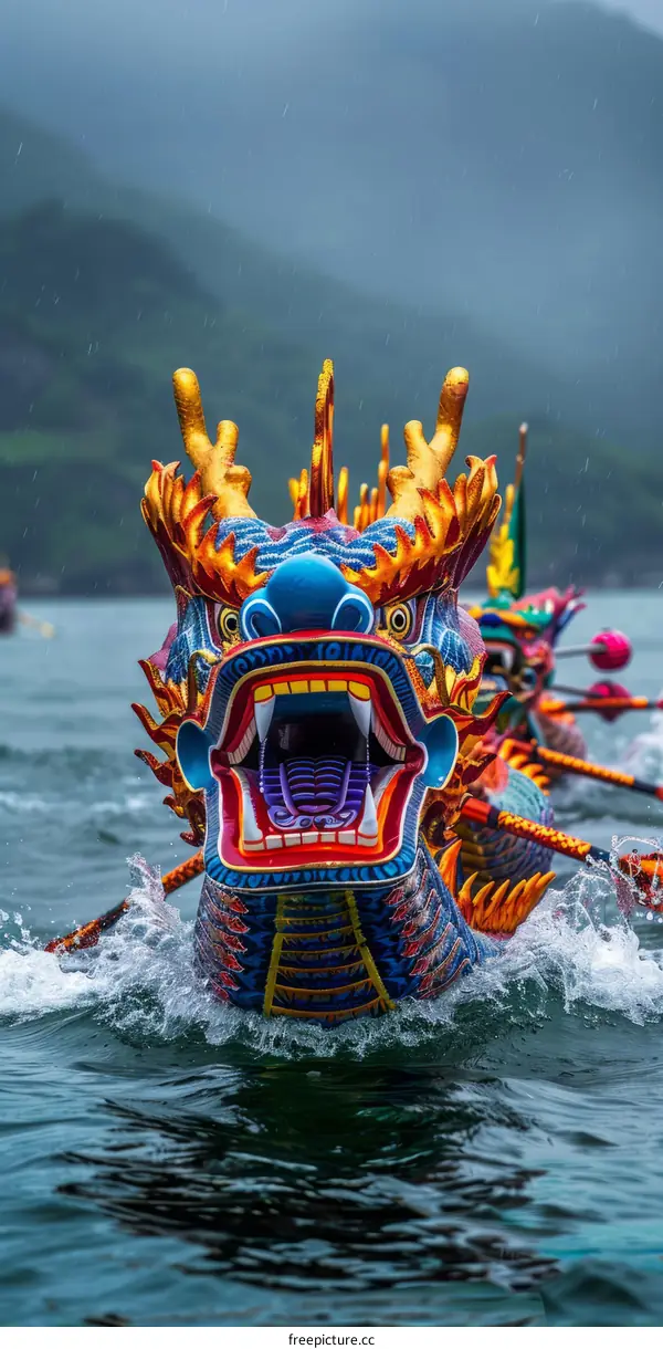 A dragon boat team paddles furiously through the water