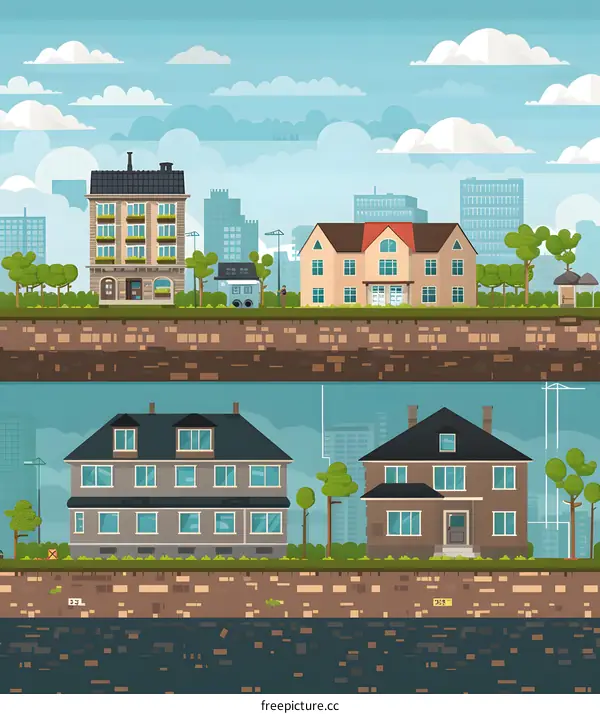 Cartoon Cityscape with Houses and Buildings