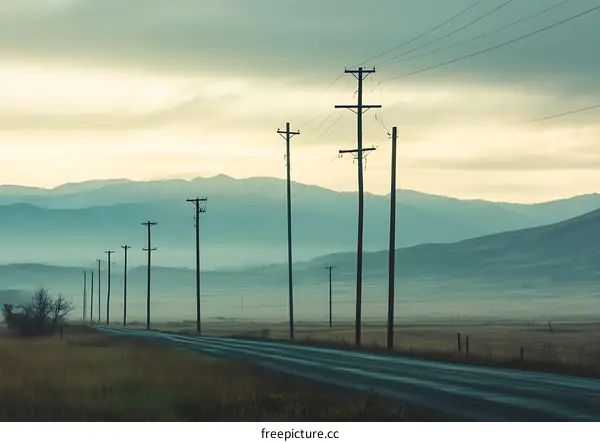 Misty Morning on a Rural Road With Power Lines and Distant Mountains
