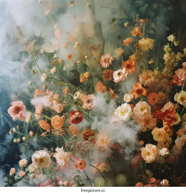 Colorful flowers in a field with a smoky background