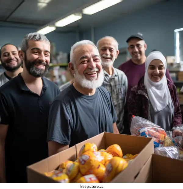 A group of volunteers of different ethnicities are smiling and posing for a photo in a food bank.
