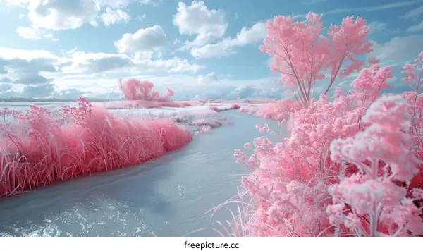 A pink landscape with a river running through it