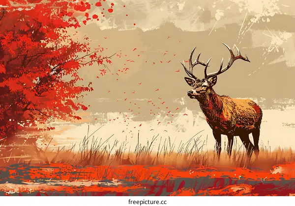 Autumn Scene with a Deer Standing in a Field