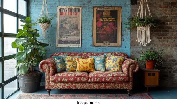 Cozy Vintage Living Room with Plants and Posters