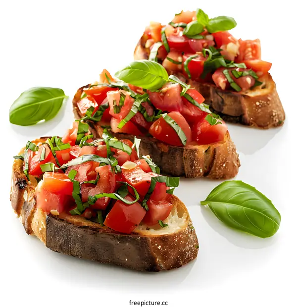 Three slices of bruschetta with tomatoes and basil on a white background