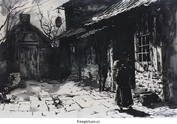 Black and White Illustration of a Person Standing in Front of a Building