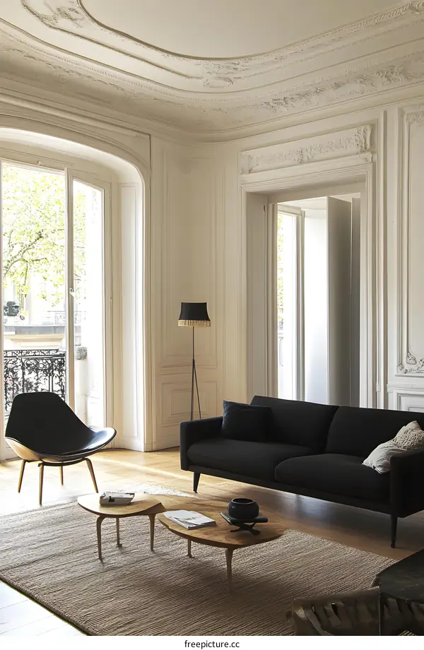 Modern Living Room with Ornate Ceiling and Black Sofa