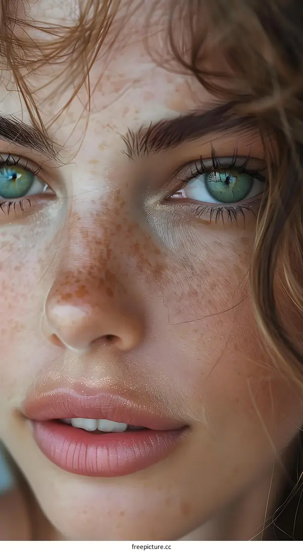 Close Up of a Woman with Freckles and Green Eyes