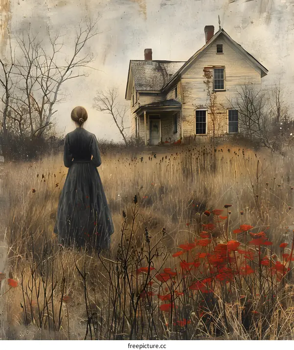 Woman in a Field Gazing at an Abandoned Farmhouse