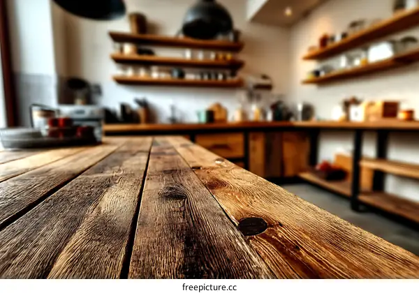 Rustic Wooden Kitchen Table Top Close-up
