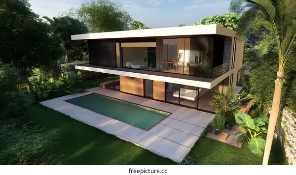 Modern House with Swimming Pool and Lush Green Surrounding