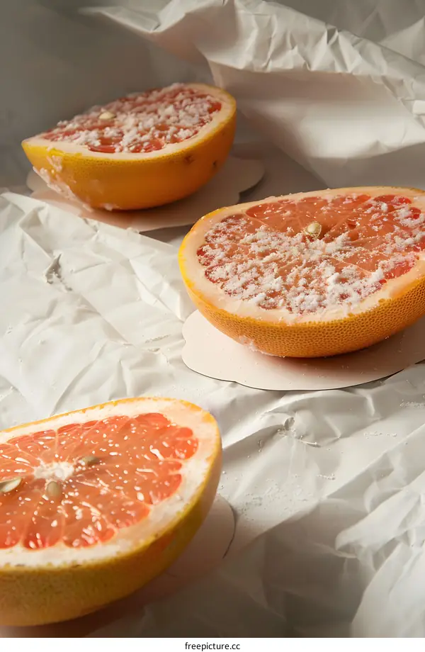 Grapefruit Halves With Sugar On White Background