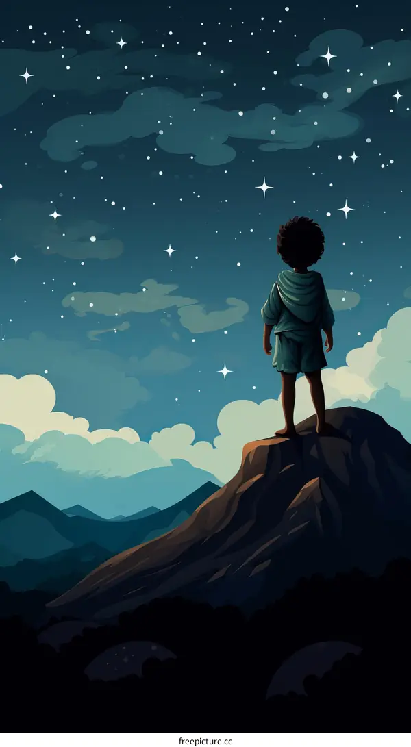 A boy looking at the stars from a mountaintop